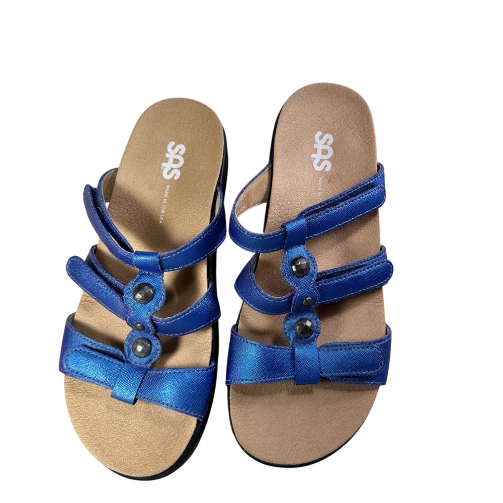 SAS Womens 7 M Blue Metallic Tripad Comfort Slide Sandals Made in USA 87304724
